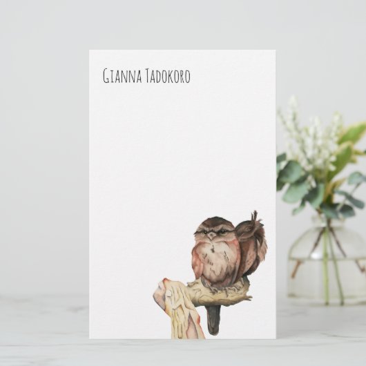 枝水彩画|の2羽のフクロウはあなたの名前を加えます 便箋 (スタンド正面)