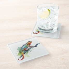 枝水色のカメレオン鮮やか色 ガラスコースター