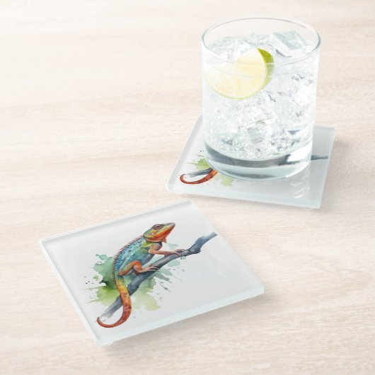 枝水色のカメレオン鮮やか色 ガラスコースター (アングル)