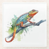 枝水色のカメレオン鮮やか色 ガラスコースター (正面)