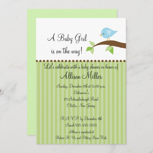 枝男の子のベビーシャワーのかわいいひな鳥 招待状 (正面/裏面)