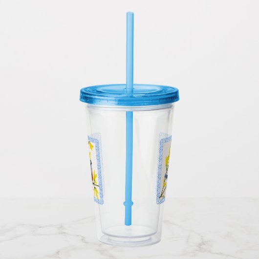 枝花が可愛い赤と青の鳥 アクリルタンブラー (右)