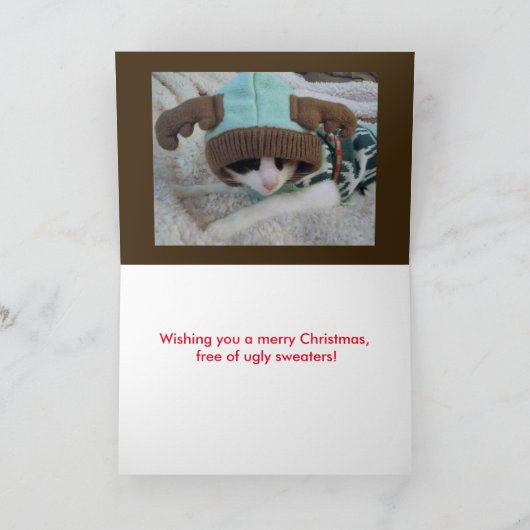 枝角のセーターのChrismasカードのおもしろいな茶色のぶち猫 シーズンカード (内部)