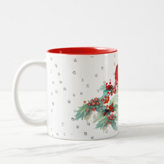 枝銀製のアクセントの水彩画の（鳥）ショウジョウコウカンチョウ ツートーンマグカップ (左)