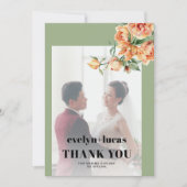 枝、桃のバラ、白い花の写真結婚式 サンキューカード (正面)