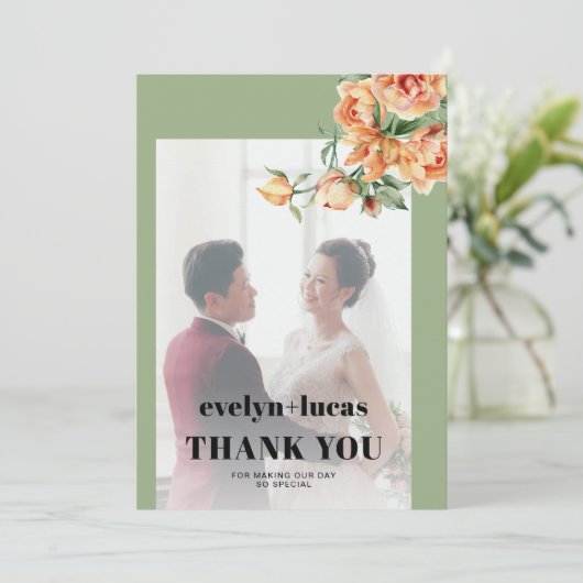 枝、桃のバラ、白い花の写真結婚式 サンキューカード (スタンド正面)