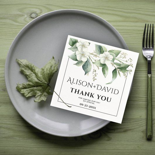 枝、白い花の緑のタイポグラフィ結婚ズ スタンダードカクテルナプキン