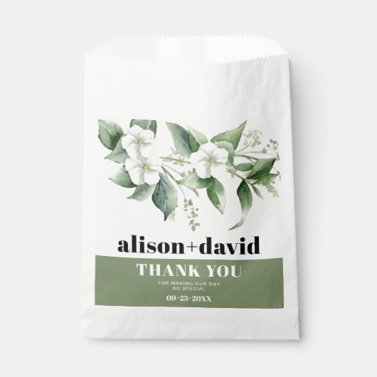 枝、緑の白い花のタイポグラフィ結婚ズ フェイバーバッグ (正面)