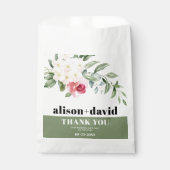 枝、緑の白い花ピンクのバラ結婚の フェイバーバッグ (正面)