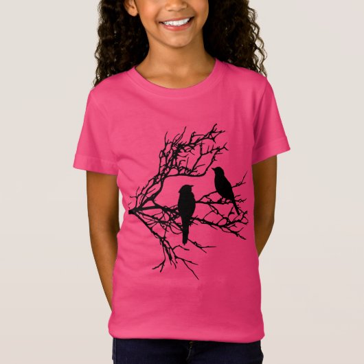 枝、黒いシルエットの鳥 Tシャツ (正面)