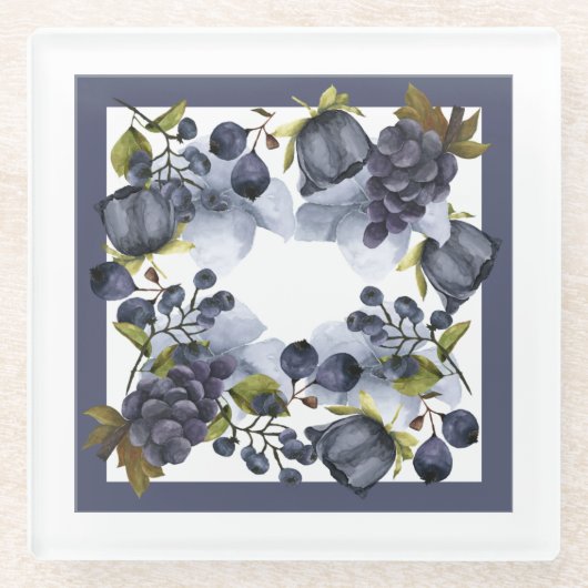 枠に青い花と果実 ガラスコースター (正面)