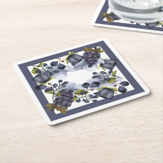枠に青い花と果実 スクエアペーパーコースター (アングル)
