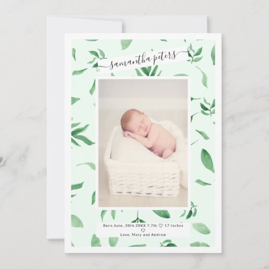 枠エレガント葉水色写真ベビー誕生 案内状 (正面)