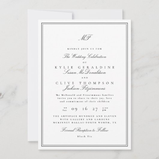 枠フォーマル付きクラシックモノグラム白黒結婚ズ 招待状 (正面)