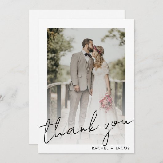 枠モダン付き写真のスクリプ結婚ト サンキューカード (正面/裏面)