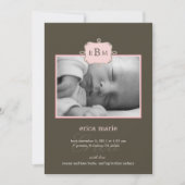 枠付きイニシャルの誕生のお知らせ-ピンク/グレー 案内状 (正面)