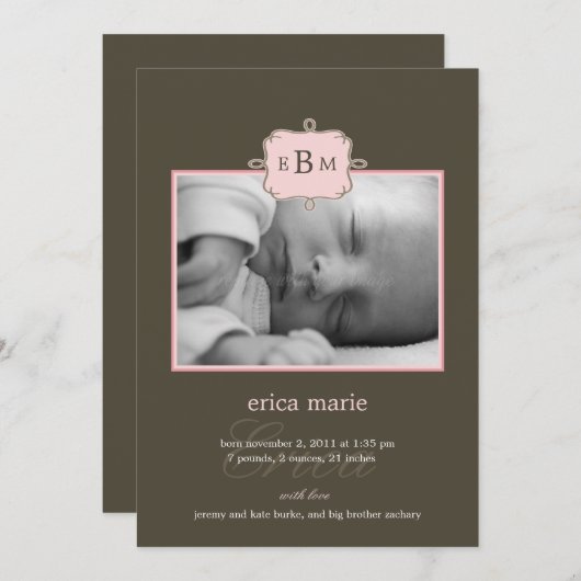 枠付きイニシャルの誕生のお知らせ-ピンク/グレー 案内状 (正面/裏面)