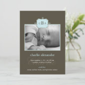 枠付きイニシャル出産のアナウンス-青/灰色 案内状 (スタンド正面)