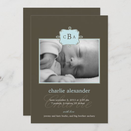枠付きイニシャル出産のアナウンス-青/灰色 案内状 (正面/裏面)