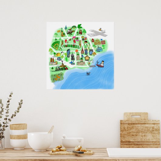 架空の港湾都市の漫画の地図 ポスター (キッチン)