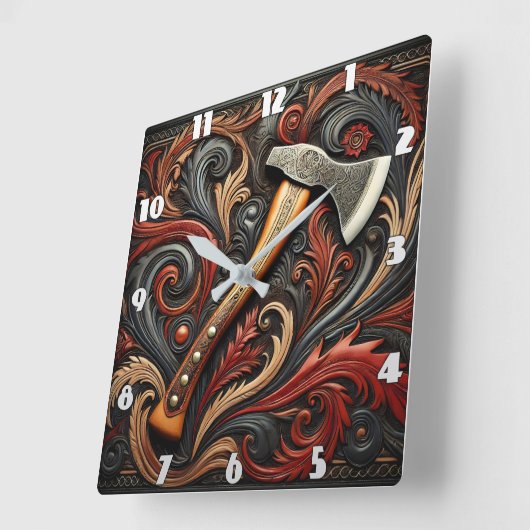 柄の中の消防士の華美斧 スクエア壁時計 (傾斜)