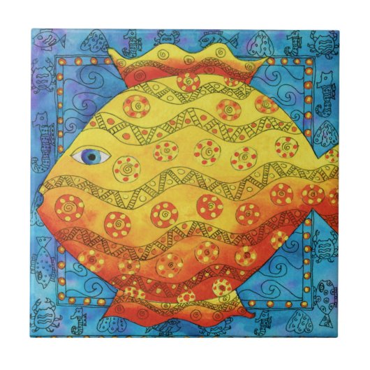 柄入り魚の水彩画イラスト タイル (正面)