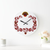 柊の漿果とルビーを持つ赤いクリスマスクラウン ラージ壁時計 (ホーム)