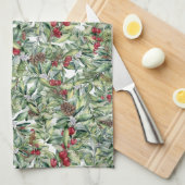 柊(ひいらぎ)、赤い実、ヤドリギ、クリスマス・グリーネリー キッチンタオル (四つ折り)