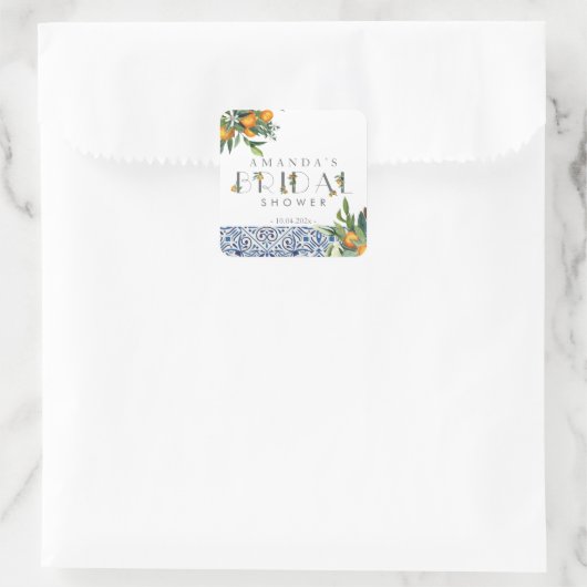 柑橘ブライダルシャワーの好意オレンジのタイルのラベル スクエアシール (バッグ)