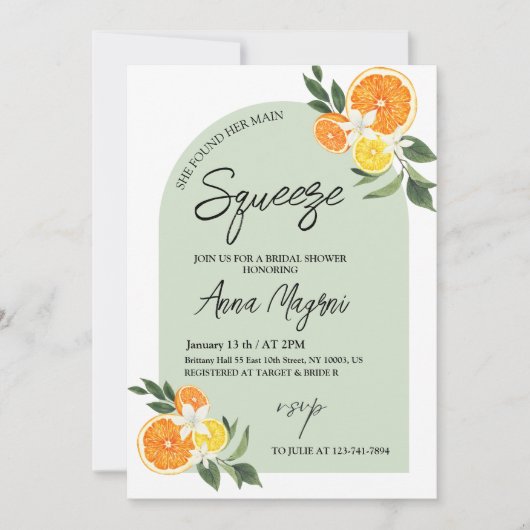 柑橘彼女が彼女のメインスクイーズブライダルシャワー 招待状 (正面)