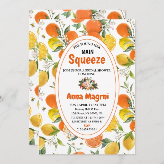柑橘彼女が彼女のメインスクイーズブライダルシャワー 招待状 (正面/裏面)