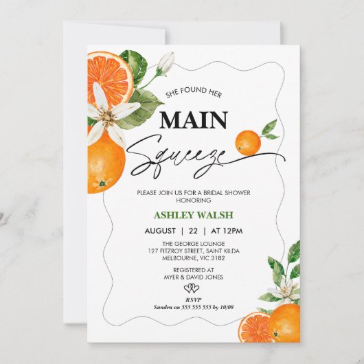 柑橘彼女が彼女の主なスクイーズブライダルシャワー 招待状 (正面)