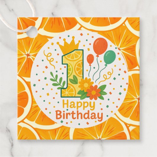 柑橘系の最初の誕生日番号「1」パーティー フェイバータグ (正面)