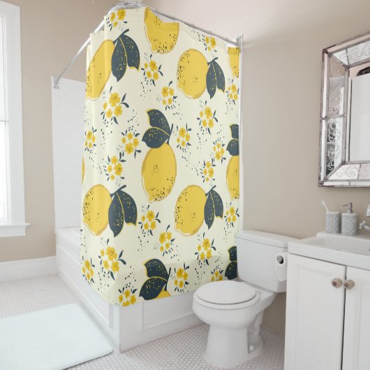 柑橘系の継ぎ目の無い模様とカラフルイエローレモン シャワーカーテン (インサイチュ)