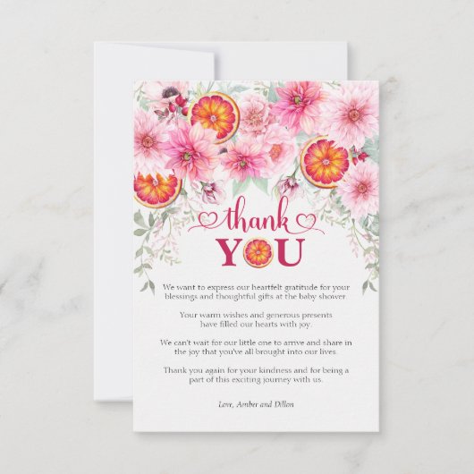 柑橘系ピンクの水の色の花ベビーシャワー サンキューカード (正面)