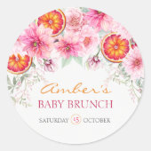 柑橘系ピンクの水の色の花ベビーシャワー ラウンドシール (正面)