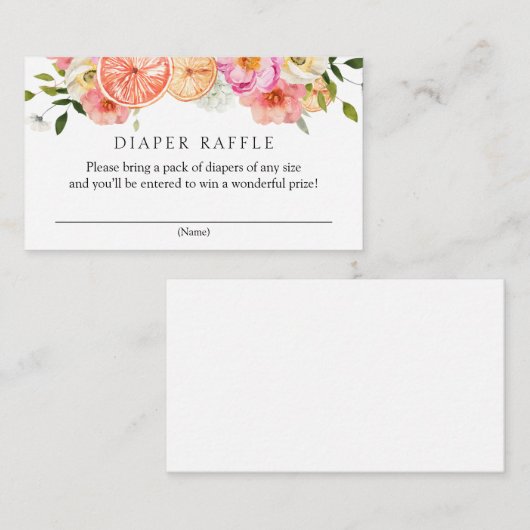 柑橘系ピンクの花おむつラッフルベビーシャワー エンクロージャーカード (正面/裏面)