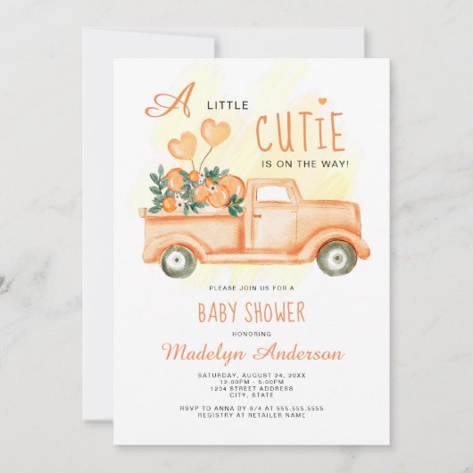 柑橘系ベビーシャワーの途中の小さなかわいこちゃん 招待状 (正面)