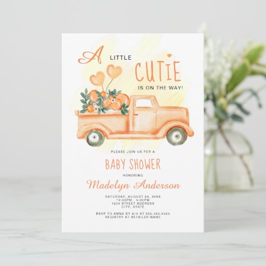 柑橘系ベビーシャワーの途中の小さなかわいこちゃん 招待状 (スタンド正面)