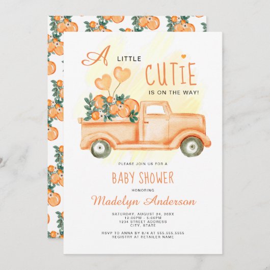 柑橘系ベビーシャワーの途中の小さなかわいこちゃん 招待状 (正面/裏面)