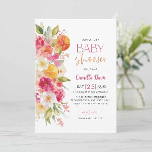 柑橘系ベビーシャワー、明るいフローラ 地中海の 招待状 (スタンド正面)