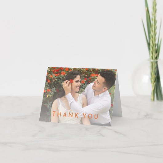 柑橘系ミニマル結婚リストオレンジの写真折り畳み サンキューカード (正面)