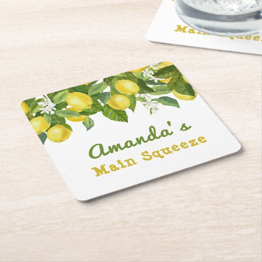 柑橘系メインスクイーズ甘いレモンベビーシャワー スクエアペーパーコースター (アングル)