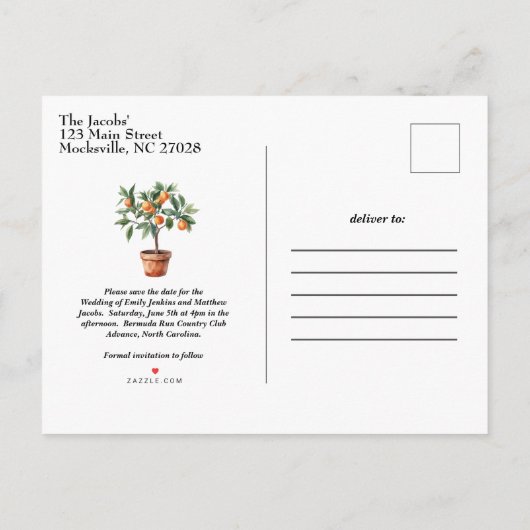 柑橘系モダンの結婚式は日付を保存 案内ポストカード (裏面)