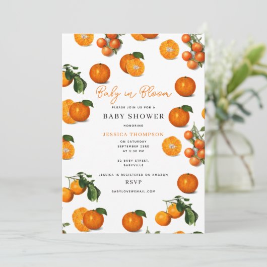 柑橘系モダンオレンジベビーイン開花ベビーシャワー 招待状 (スタンド正面)