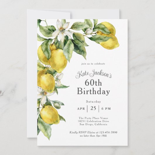 柑橘系素朴ウォーターカラーレモン60誕生日 招待状 (正面)