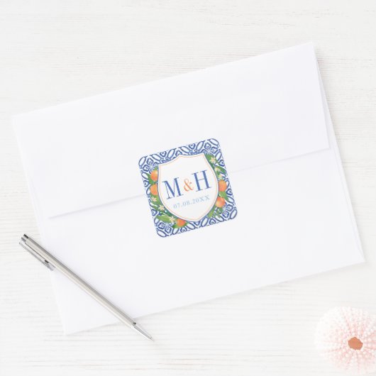 柑橘系結婚ロゴ;青いタイルのオレンジ スクエアシール (封筒)