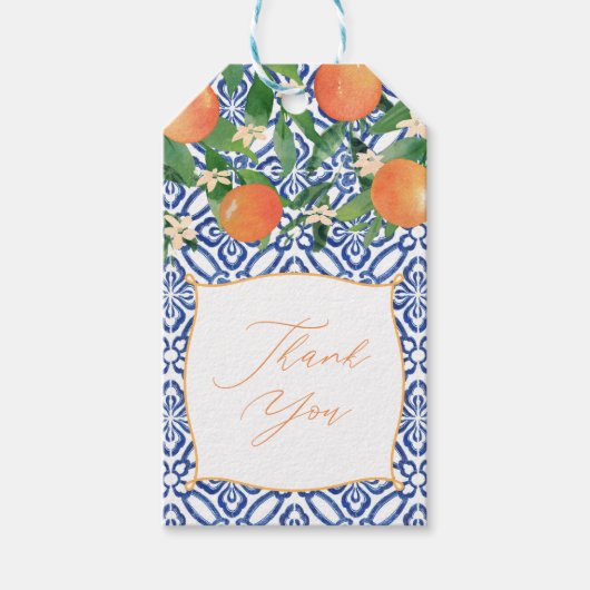 柑橘系鮮やかオレンジクラシックブルータイル結婚ズ ギフトタグ (正面)