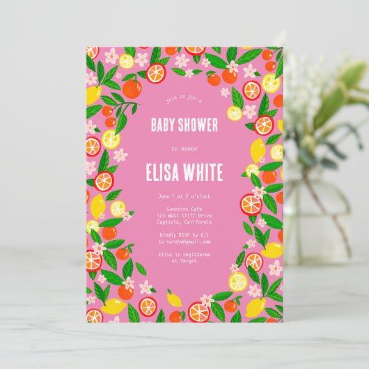 柑橘類お祝いカスタムQRコードベビーシャワー 招待状 (スタンド正面)