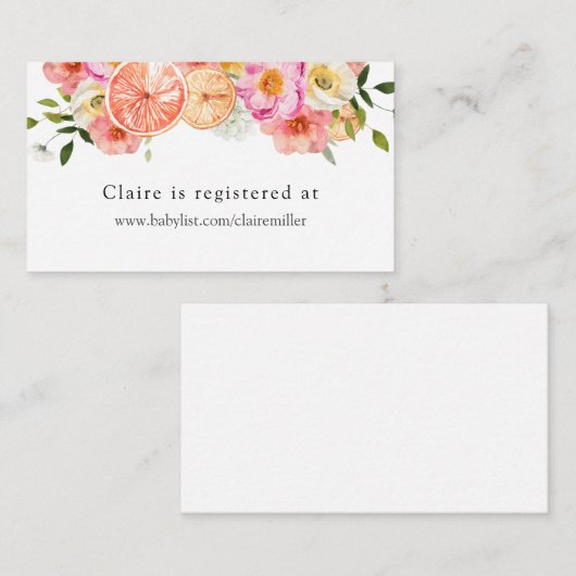 柑橘類とピンクの花赤ちゃんシャワー登録 エンクロージャーカード (正面/裏面)